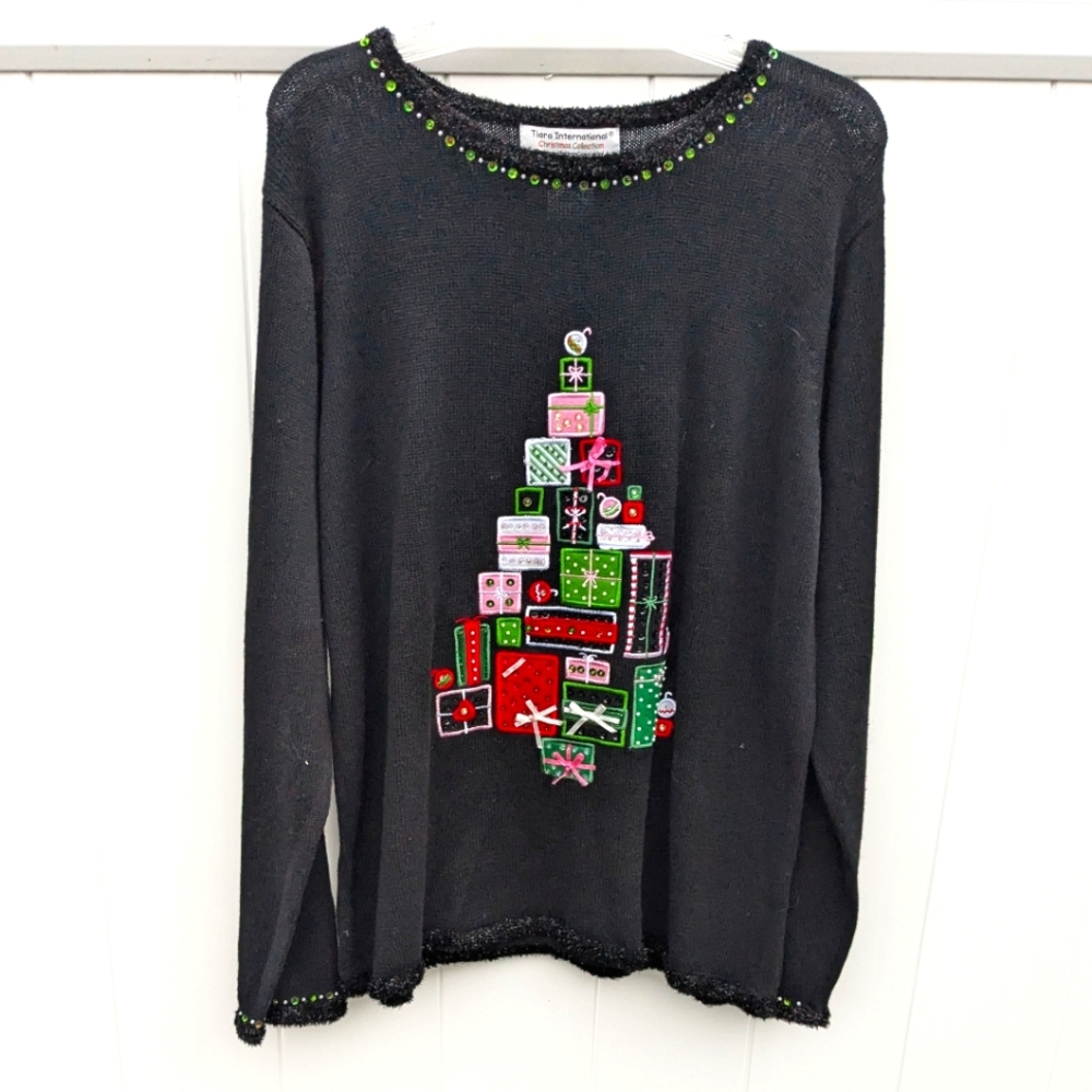 Tiara International Christmas Sweater Black Presents Gifts Tree Women's Size 1X